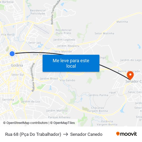 Rua 68 (Pça Do Trabalhador) to Senador Canedo map