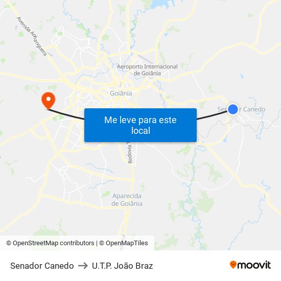 Senador Canedo to U.T.P. João Braz map