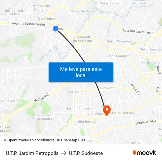 U.T.P. Jardim Petropolis to U.T.P. Sudoeste map