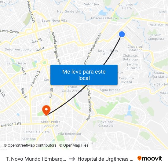 T. Novo Mundo | Embarque - Brt Anhanguera to Hospital de Urgências de Goiânia (HUGO) map