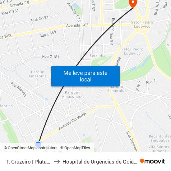 T. Cruzeiro | Plataforma E to Hospital de Urgências de Goiânia (HUGO) map