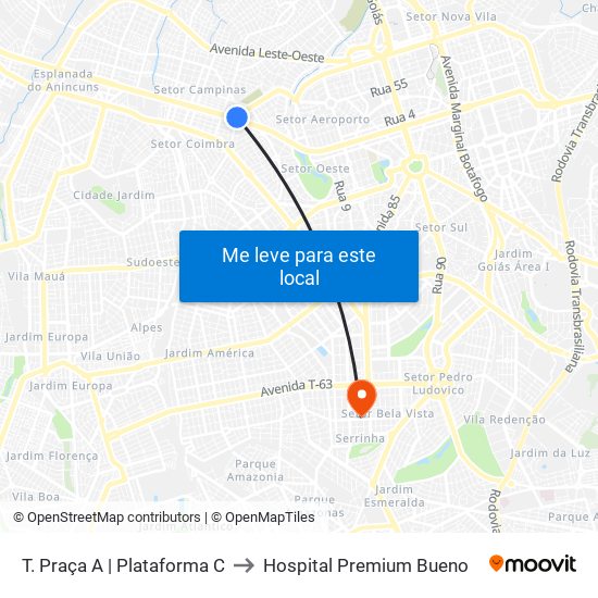 T. Praça A | Plataforma C to Hospital Premium Bueno map