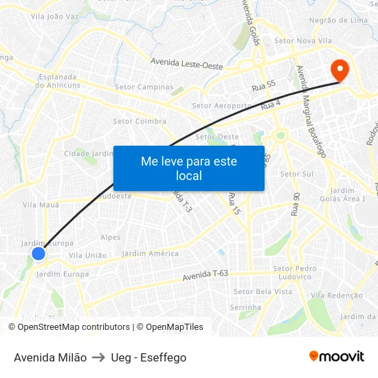 Avenida Milão to Ueg - Eseffego map