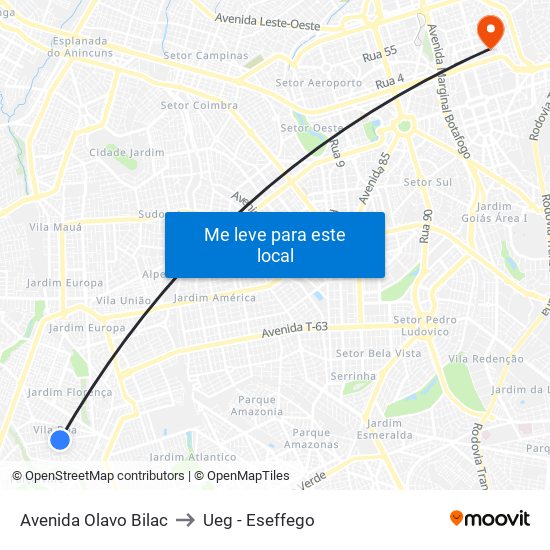 Avenida Olavo Bilac to Ueg - Eseffego map