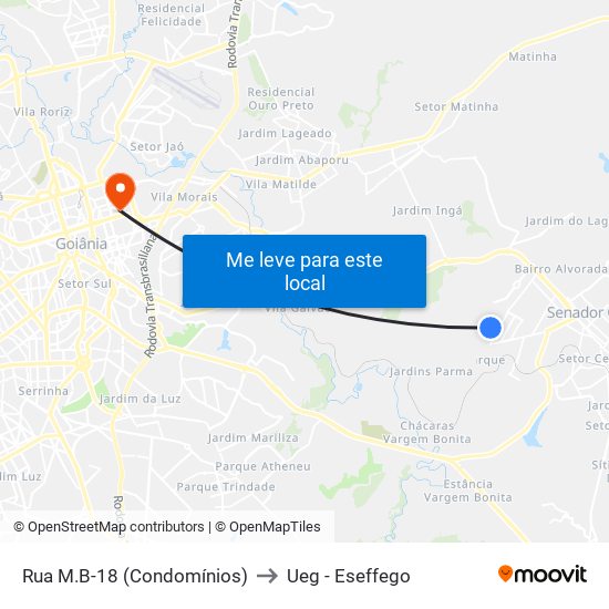 Rua M.B-18 (Condomínios) to Ueg - Eseffego map