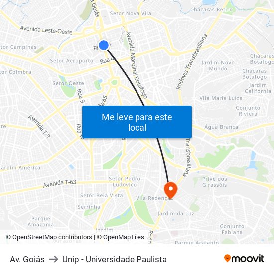 Av. Goiás to Unip - Universidade Paulista map
