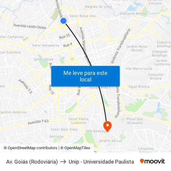 Av. Goiás (Rodoviária) to Unip - Universidade Paulista map