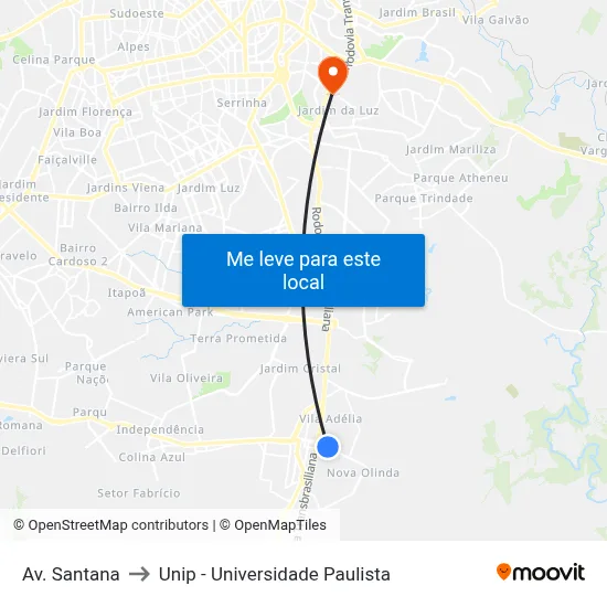 Av. Santana to Unip - Universidade Paulista map