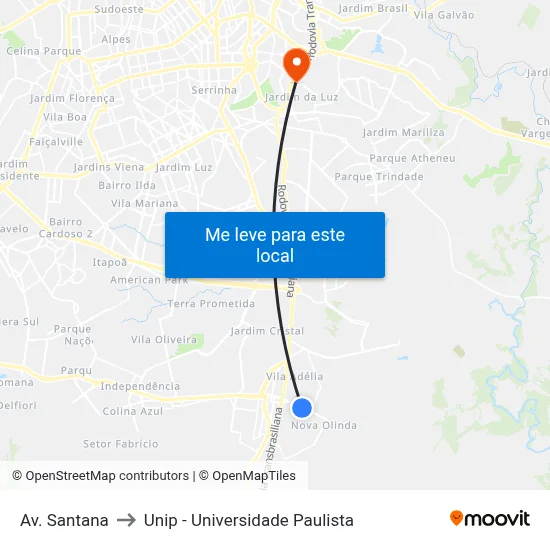 Av. Santana to Unip - Universidade Paulista map