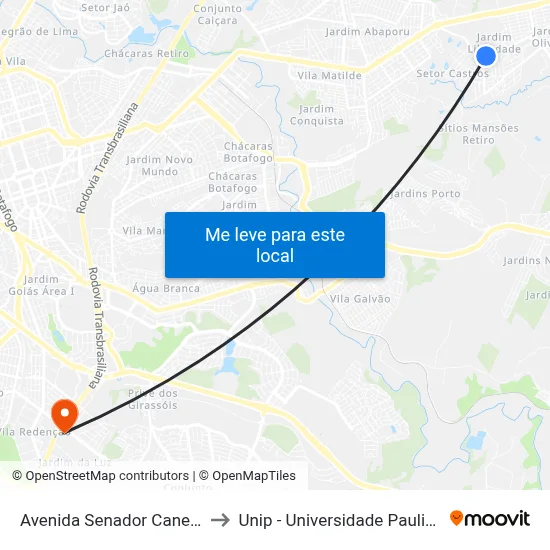 Avenida Senador Canedo to Unip - Universidade Paulista map