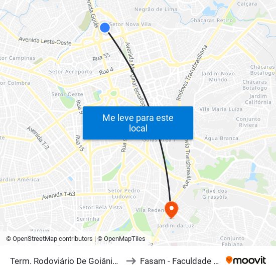 Term. Rodoviário De Goiânia - Embarque Leste to Fasam - Faculdade Sul-Americana map