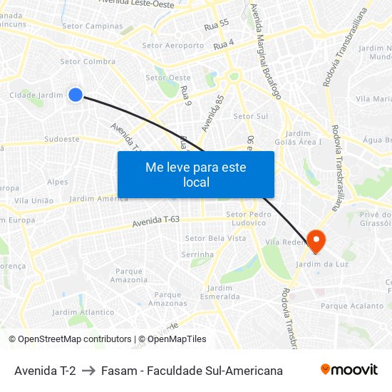 Avenida T-2 to Fasam - Faculdade Sul-Americana map