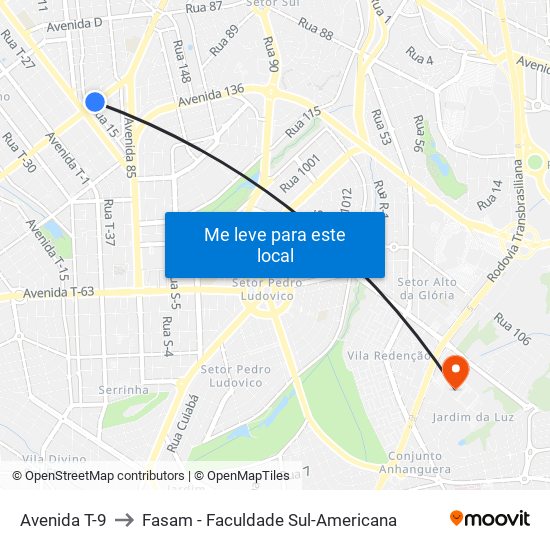 Avenida T-9 to Fasam - Faculdade Sul-Americana map