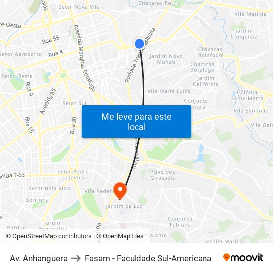 Av. Anhanguera to Fasam - Faculdade Sul-Americana map