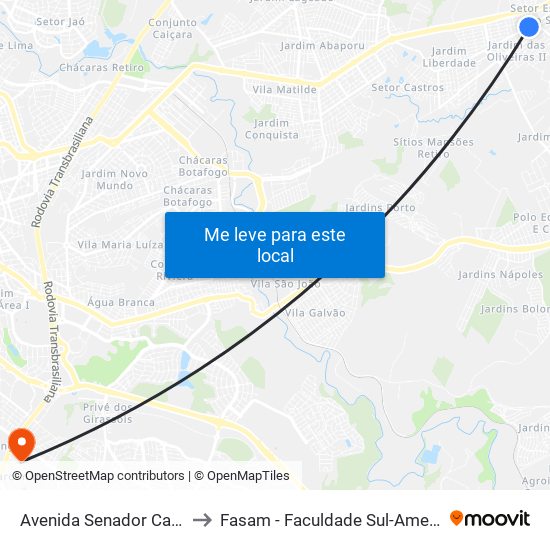 Avenida Senador Canedo to Fasam - Faculdade Sul-Americana map
