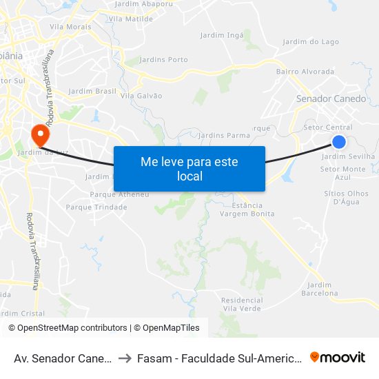 Av. Senador Canedo to Fasam - Faculdade Sul-Americana map