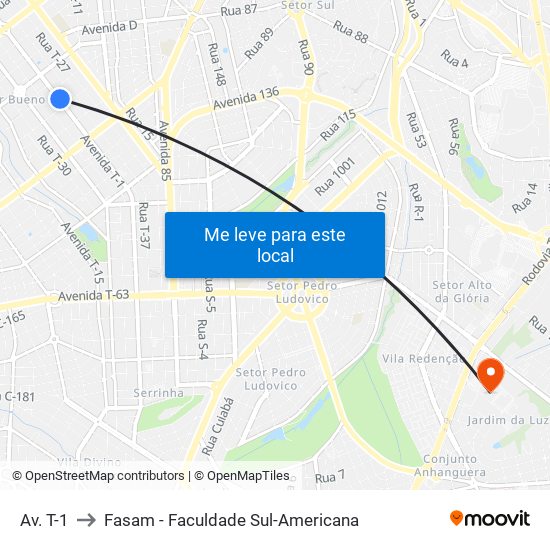 Av. T-1 to Fasam - Faculdade Sul-Americana map