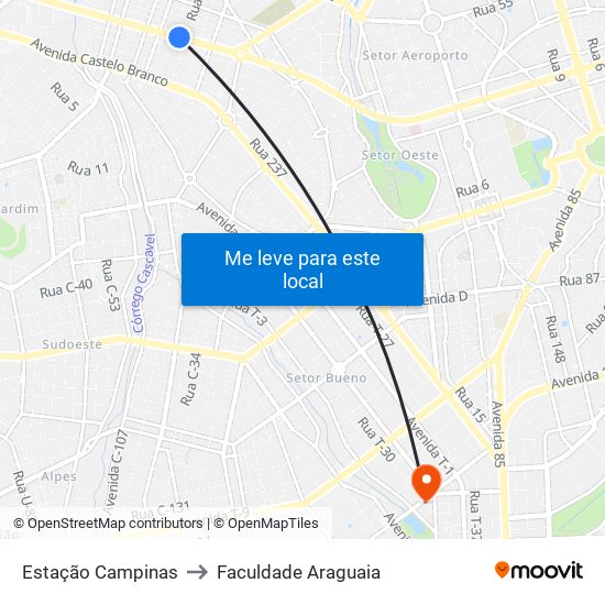 Estação Campinas to Faculdade Araguaia map