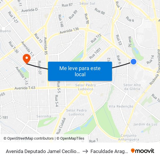 Avenida Deputado Jamel Cecílio, 3221 to Faculdade Araguaia map