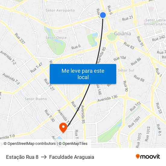 Estação Rua 8 to Faculdade Araguaia map