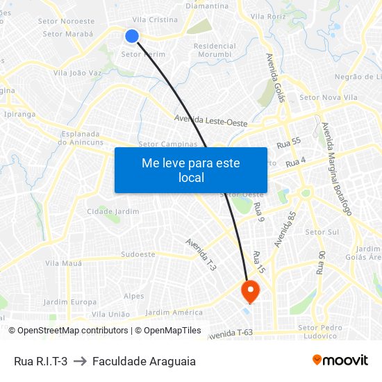 Rua R.I.T-3 to Faculdade Araguaia map