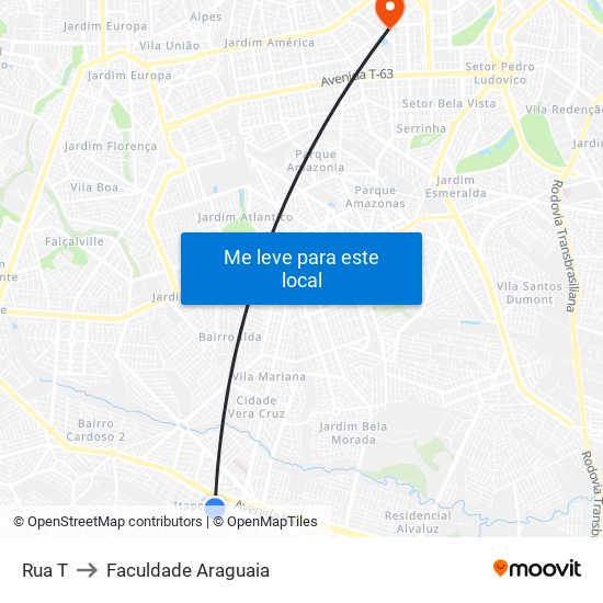 Rua T to Faculdade Araguaia map