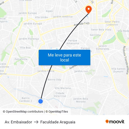Av. Embaixador to Faculdade Araguaia map