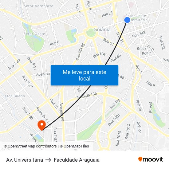 Av. Universitária to Faculdade Araguaia map