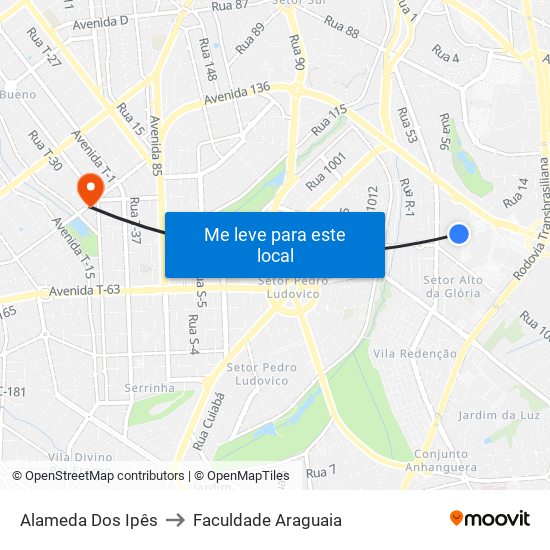 Alameda Dos Ipês to Faculdade Araguaia map