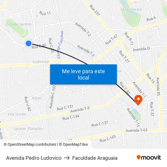 Avenida Pedro Ludovico to Faculdade Araguaia map