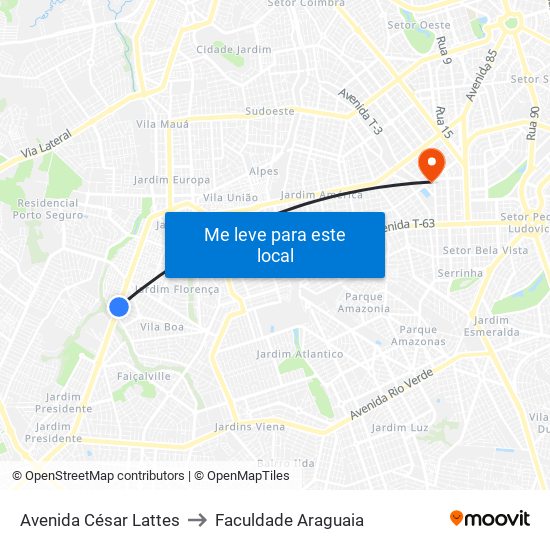 Avenida César Lattes to Faculdade Araguaia map