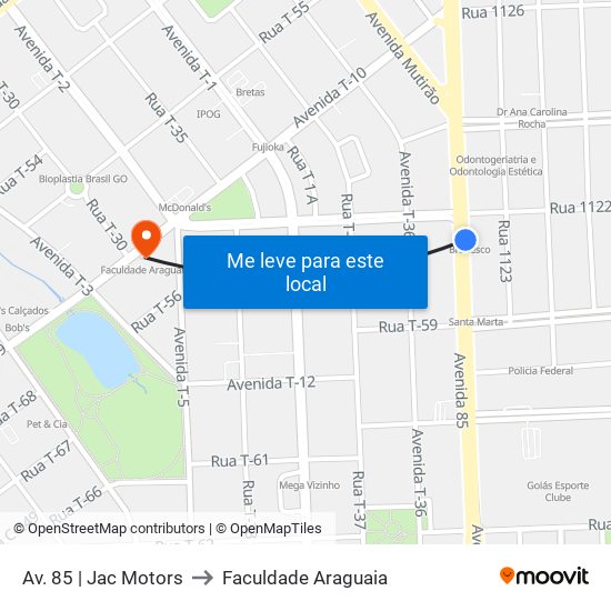 Av. 85 | Jac Motors to Faculdade Araguaia map