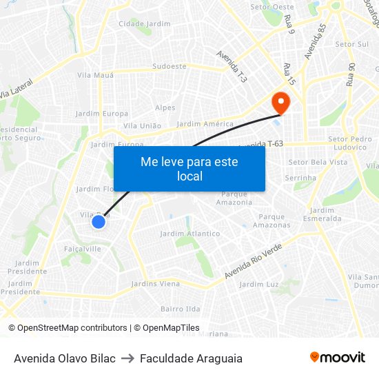 Avenida Olavo Bilac to Faculdade Araguaia map
