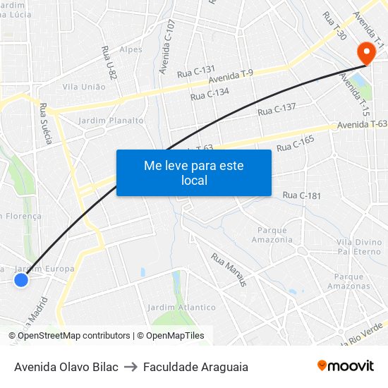 Avenida Olavo Bilac to Faculdade Araguaia map