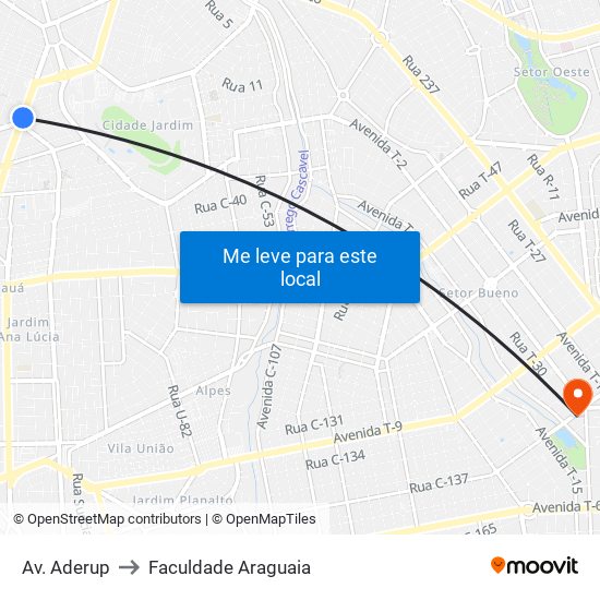 Av. Aderup to Faculdade Araguaia map