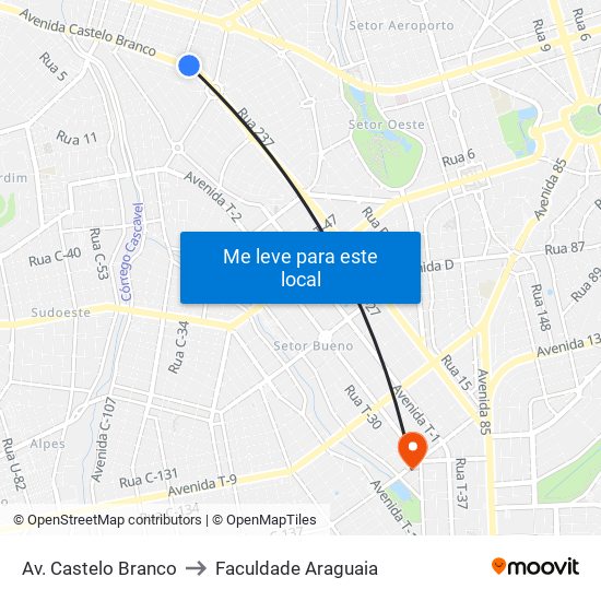 Av. Castelo Branco to Faculdade Araguaia map