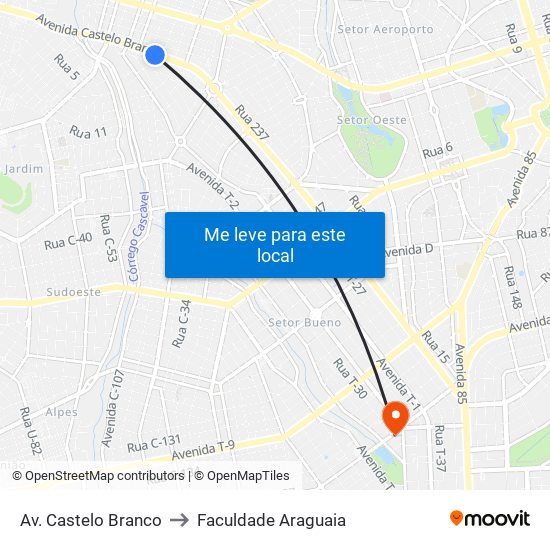 Av. Castelo Branco to Faculdade Araguaia map