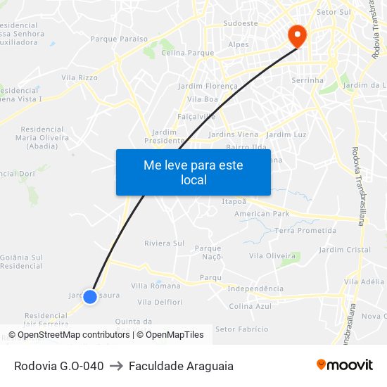 Rodovia G.O-040 to Faculdade Araguaia map