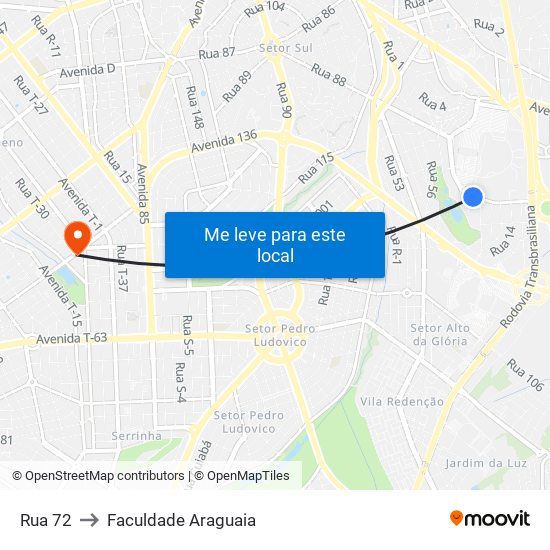 Rua 72 to Faculdade Araguaia map