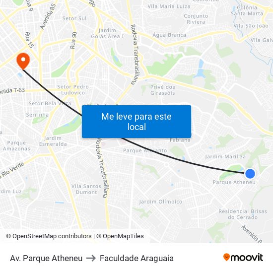 Av. Parque Atheneu to Faculdade Araguaia map