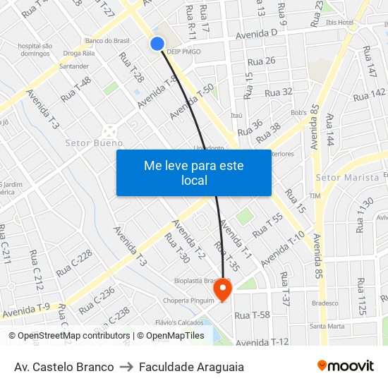 Av. Castelo Branco to Faculdade Araguaia map