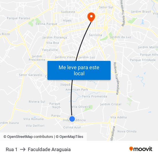 Rua 1 to Faculdade Araguaia map