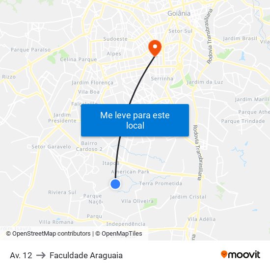 Av. 12 to Faculdade Araguaia map