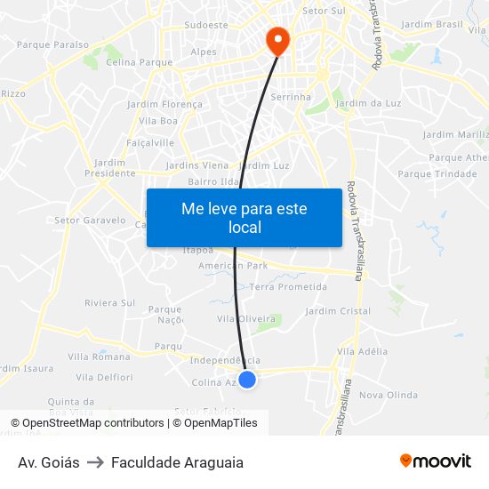 Av. Goiás to Faculdade Araguaia map