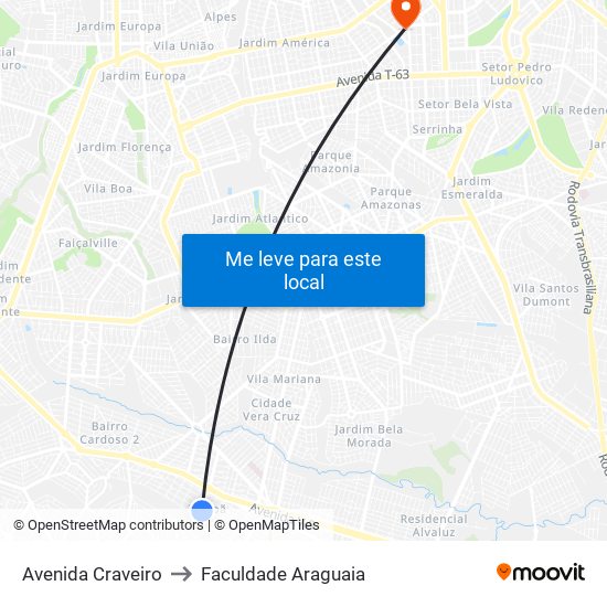 Avenida Craveiro to Faculdade Araguaia map