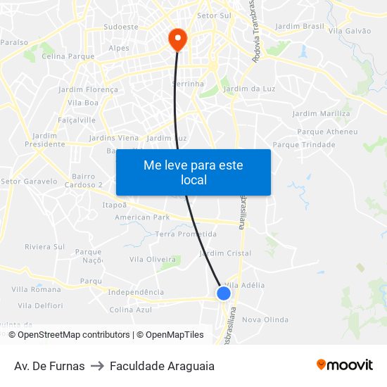 Av. De Furnas to Faculdade Araguaia map