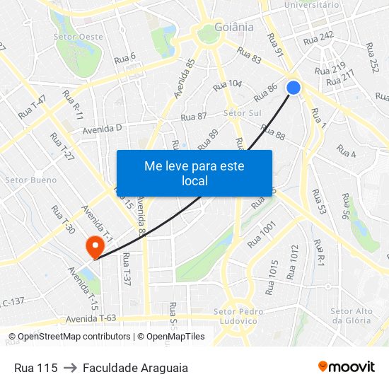 Rua 115 to Faculdade Araguaia map