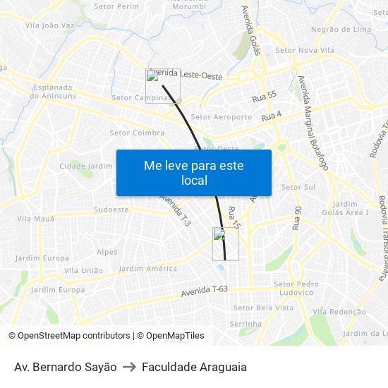 Av. Bernardo Sayão to Faculdade Araguaia map