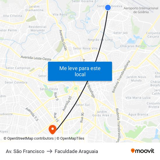 Av. São Francisco to Faculdade Araguaia map