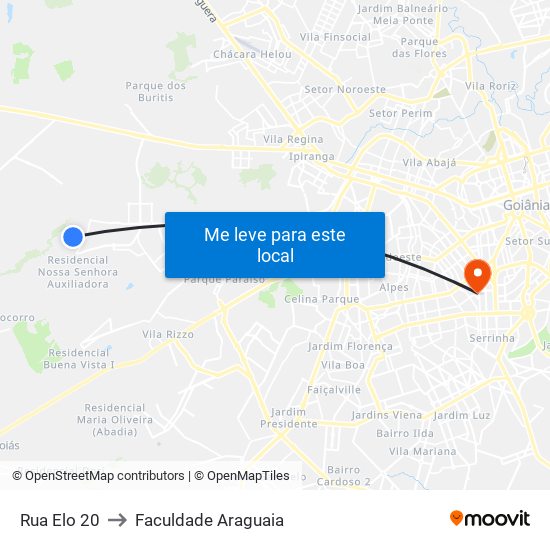 Rua Elo 20 to Faculdade Araguaia map